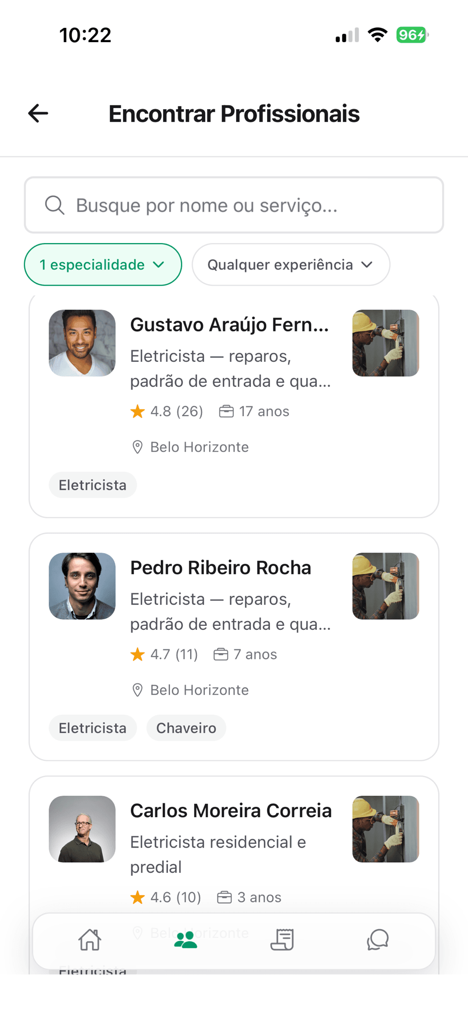 Busca de profissionais no app obra.help