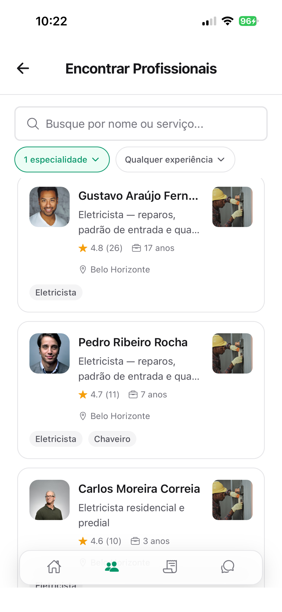 Tela de busca de profissionais no app obra.help