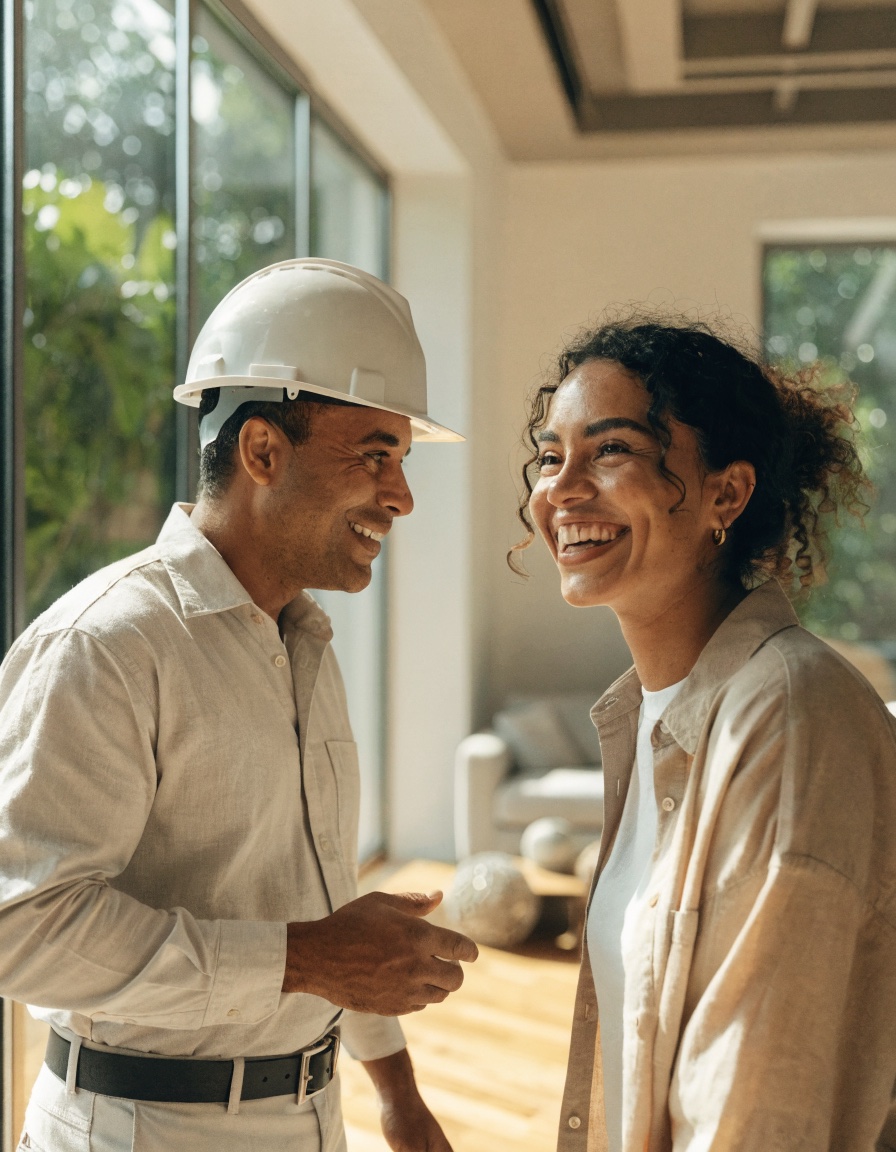 Profissional de obra de capacete e cliente conversando e sorrindo numa sala reformada e iluminada