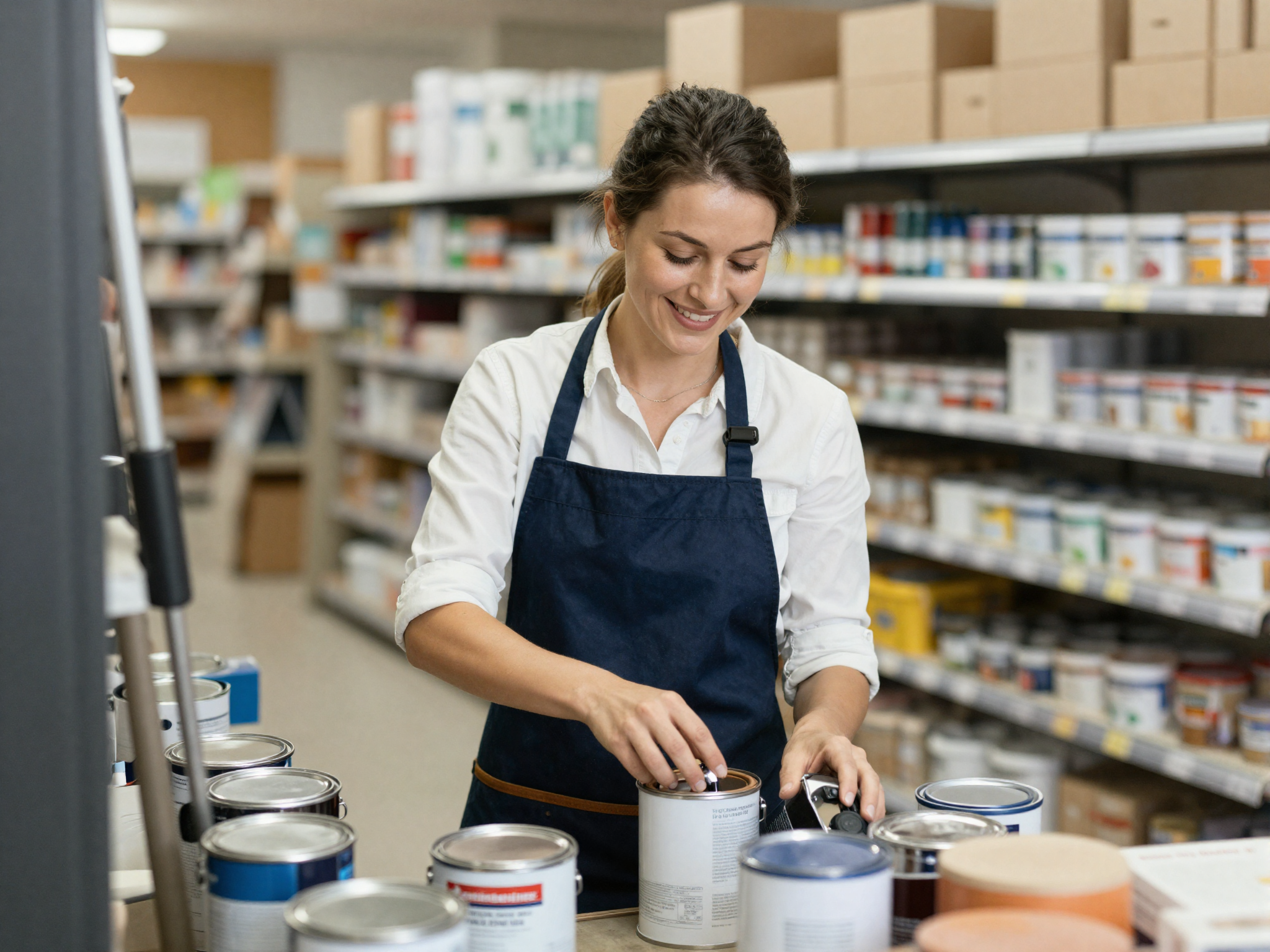 Lojista organizando produtos em uma loja de materiais de construção